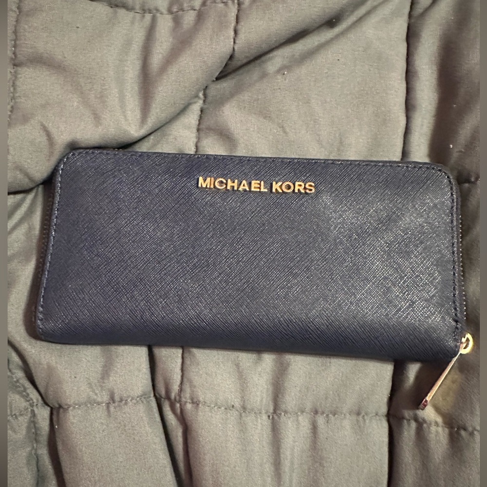 Michael Kors Navy Blue Wallet with Gold Accents